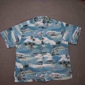 Vintage RJC Hawaiian Shirt Mens 4XL Blue Aloha Airplane Boat Made in USA Cotton